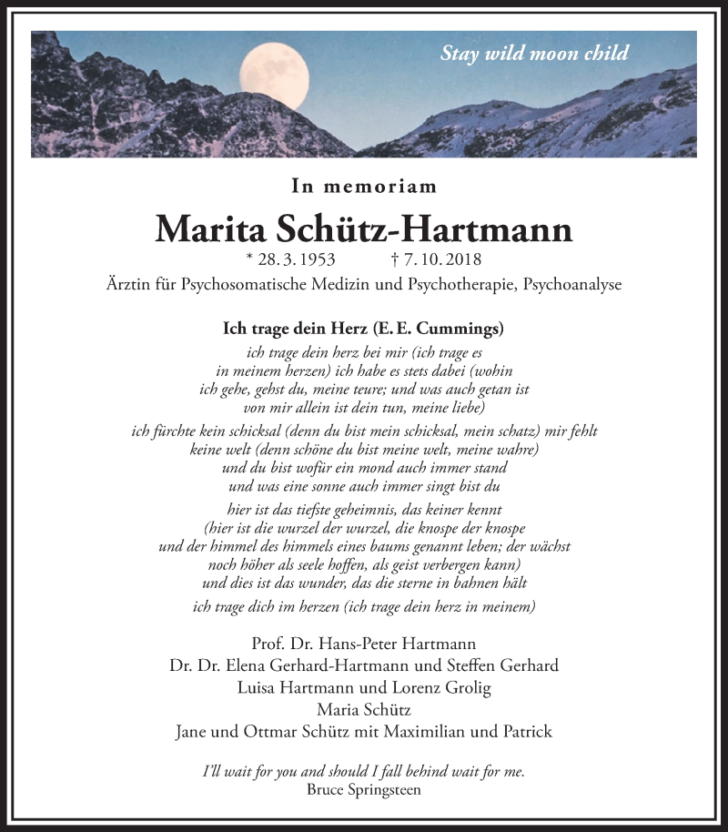  Traueranzeige für Marita Schütz-Hartmann vom 07.10.2019 aus Giessener Allgemeine, Alsfelder Allgemeine