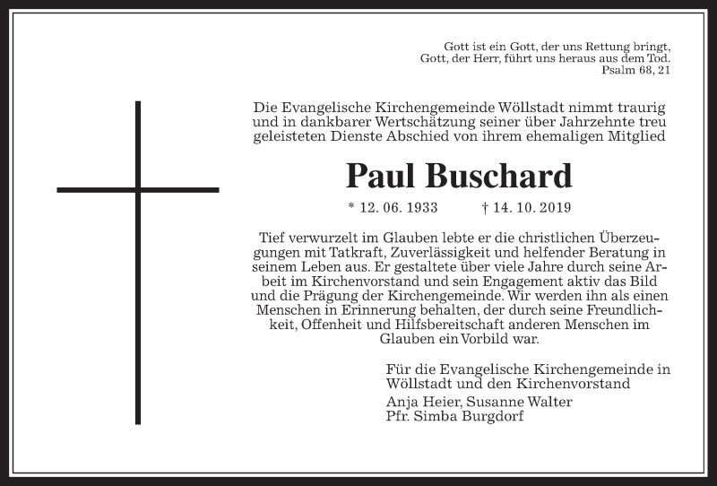  Traueranzeige für Paul Buschard vom 26.10.2019 aus Wetterauer Zeitung