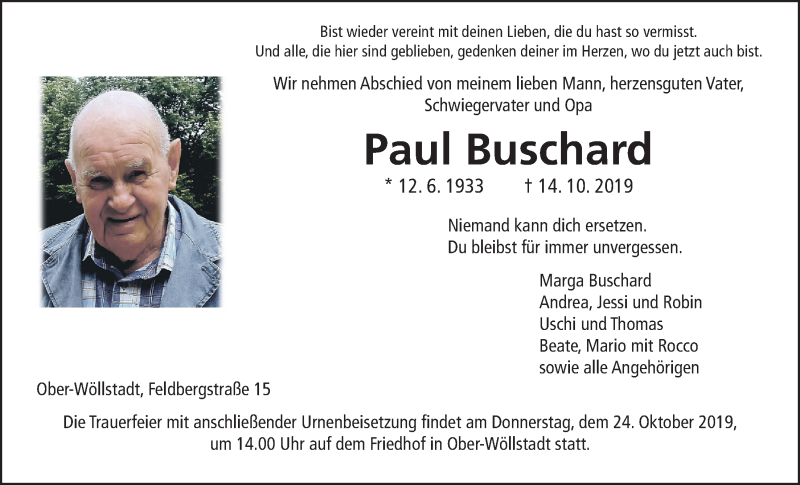  Traueranzeige für Paul Buschard vom 19.10.2019 aus Wetterauer Zeitung
