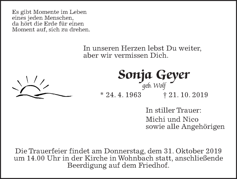  Traueranzeige für Sonja Geyer vom 29.10.2019 aus Wetterauer Zeitung