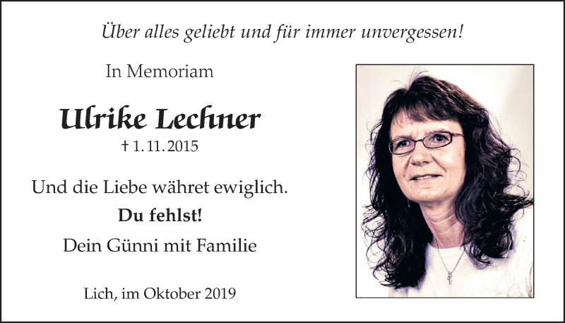  Traueranzeige für Ulrike Lechner vom 31.10.2019 aus Licher Wochenblatt