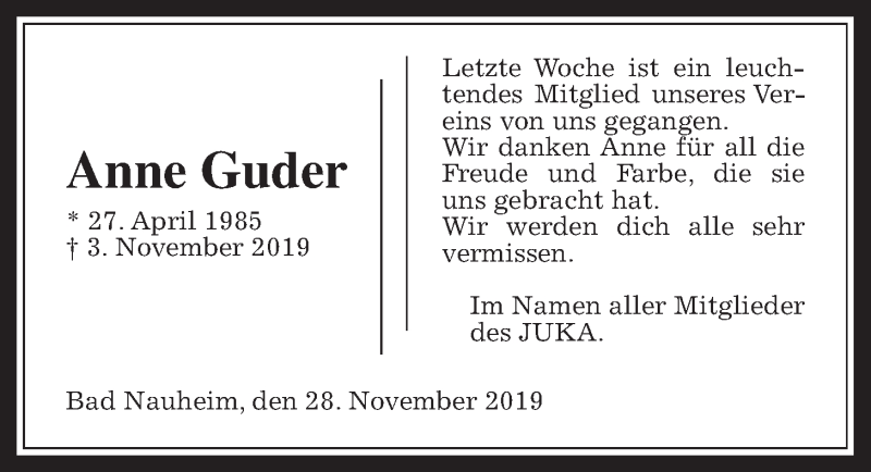  Traueranzeige für Anne Guder vom 29.11.2019 aus Wetterauer Zeitung