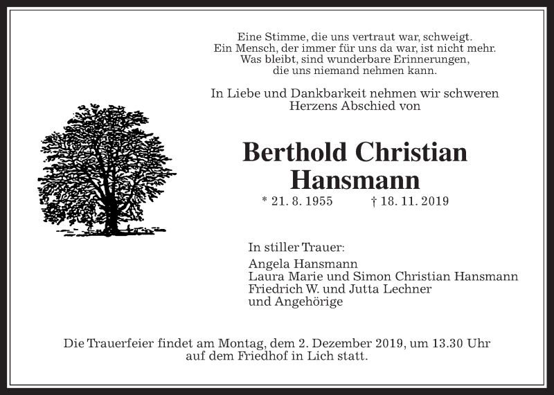  Traueranzeige für Berthold Christian Hansmann vom 25.11.2019 aus Giessener Allgemeine, Alsfelder Allgemeine