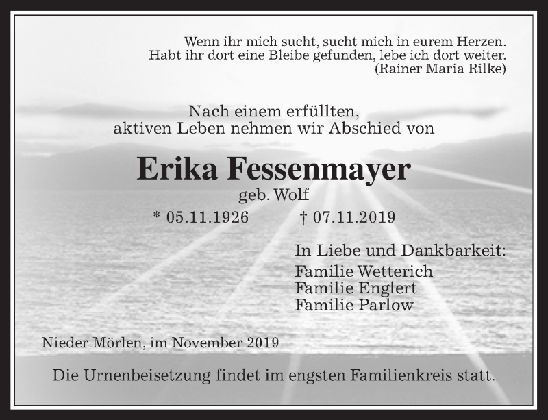  Traueranzeige für Erika Fessenmayer vom 13.11.2019 aus Wetterauer Zeitung