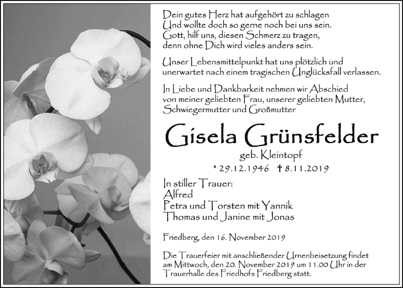  Traueranzeige für Gisela Grünsfelder vom 16.11.2019 aus Wetterauer Zeitung