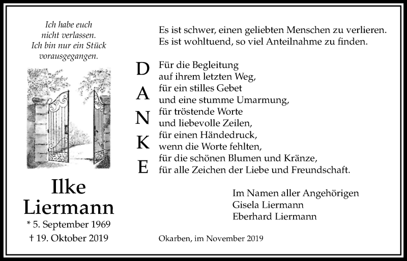  Traueranzeige für Ilke Liermann vom 14.11.2019 aus Bad Vilbel/Karben