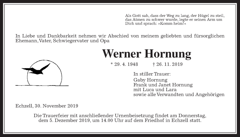  Traueranzeige für Werner Hornung vom 30.11.2019 aus Wetterauer Zeitung