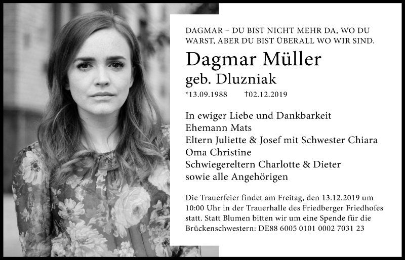  Traueranzeige für Dagmar Müller vom 07.12.2019 aus Wetterauer Zeitung
