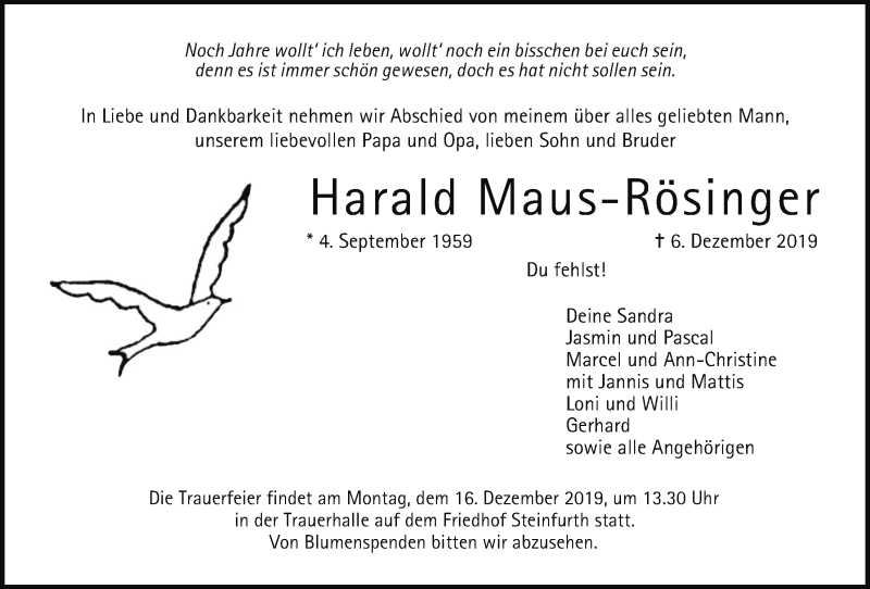  Traueranzeige für Harald Maus-Rösinger vom 11.12.2019 aus Wetterauer Zeitung