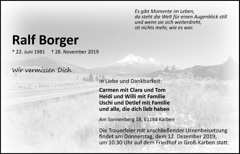 Traueranzeige für Ralf Borger vom 05.12.2019 aus Bad Vilbel/Karben