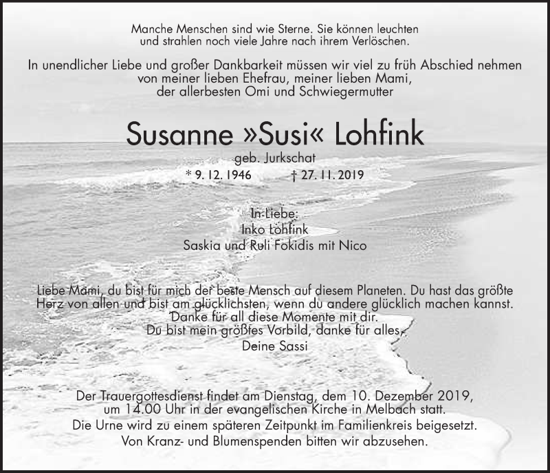  Traueranzeige für Susanne Lohfink vom 07.12.2019 aus Wetterauer Zeitung
