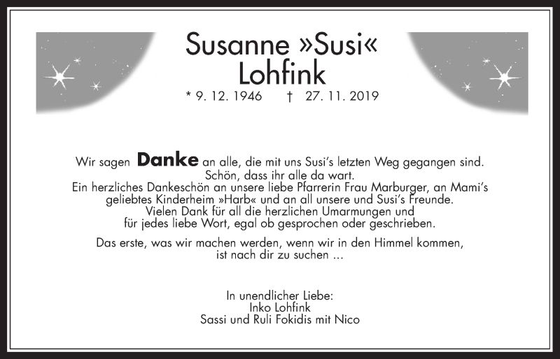  Traueranzeige für Susanne Lohfink vom 21.12.2019 aus Wetterauer Zeitung