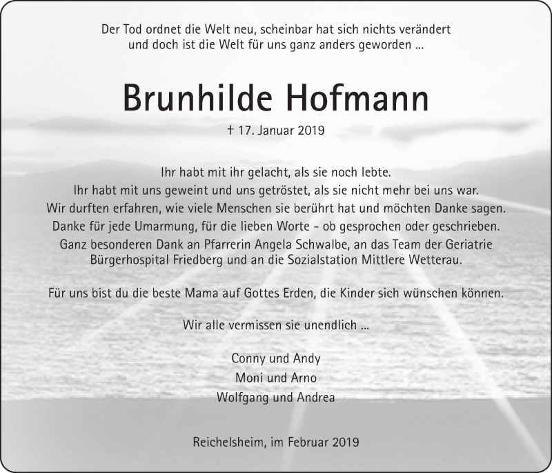  Traueranzeige für Brunhilde Hofmann vom 16.02.2019 aus Wetterauer Zeitung, Wetterauer Zeitung