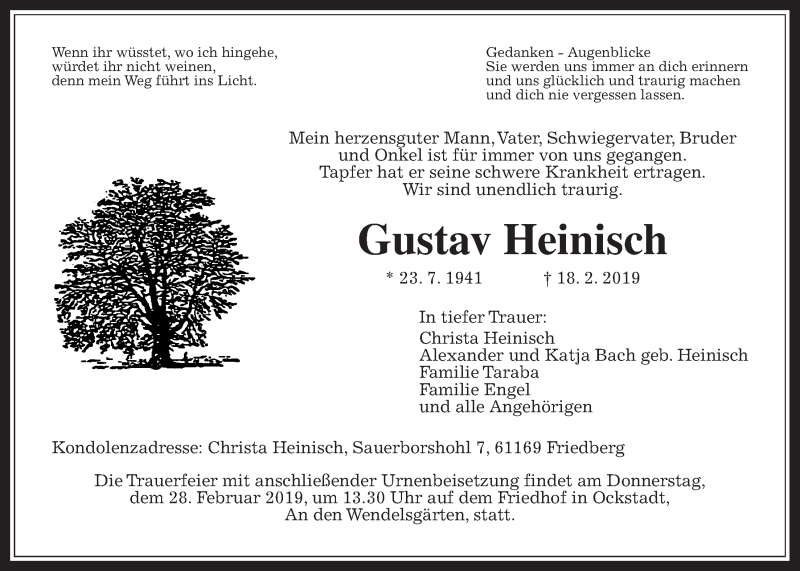  Traueranzeige für Gustav Heinisch vom 23.02.2019 aus Wetterauer Zeitung, Wetterauer Zeitung