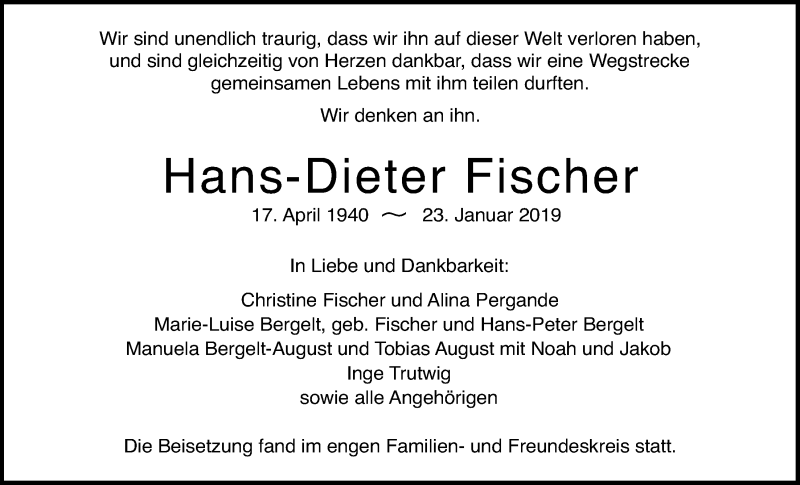  Traueranzeige für Hans-Dieter Fischer vom 16.02.2019 aus Wetterauer Zeitung, Wetterauer Zeitung