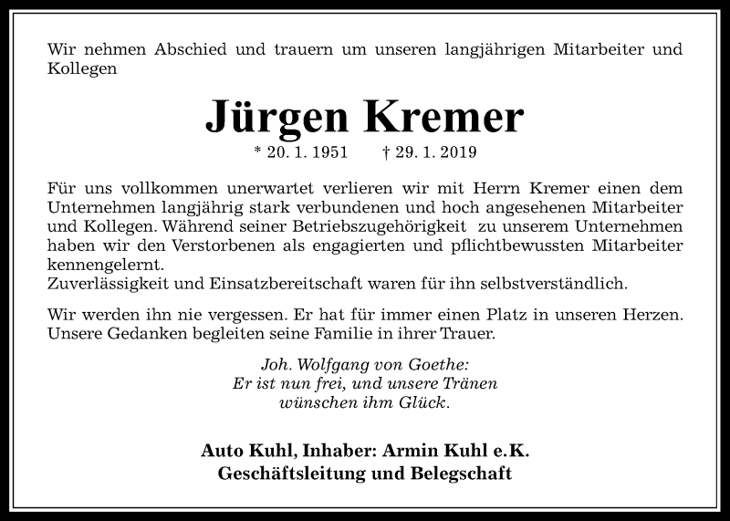  Traueranzeige für Jürgen Kremer vom 23.02.2019 aus Wetterauer Zeitung, Wetterauer Zeitung