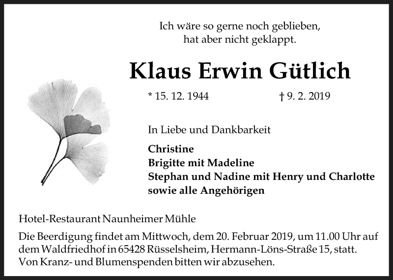 Traueranzeige für Klaus Erwin Gütlich vom 16.02.2019 aus Giessener Allgemeine, Alsfelder Allgemeine