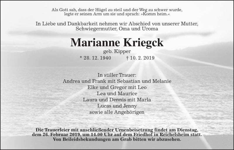  Traueranzeige für Marianne Kriegck vom 16.02.2019 aus Wetterauer Zeitung, Wetterauer Zeitung