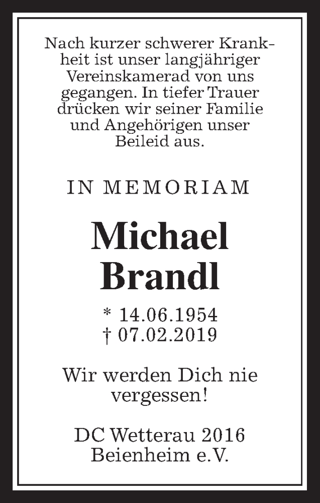  Traueranzeige für Michael Brandl vom 16.02.2019 aus Wetterauer Zeitung, Wetterauer Zeitung