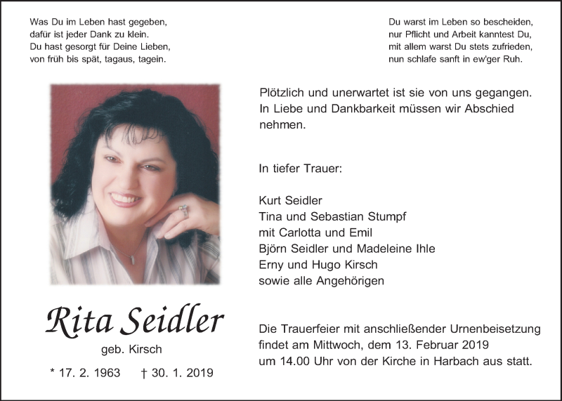  Traueranzeige für Rita Seidler vom 09.02.2019 aus Giessener Allgemeine, Alsfelder Allgemeine
