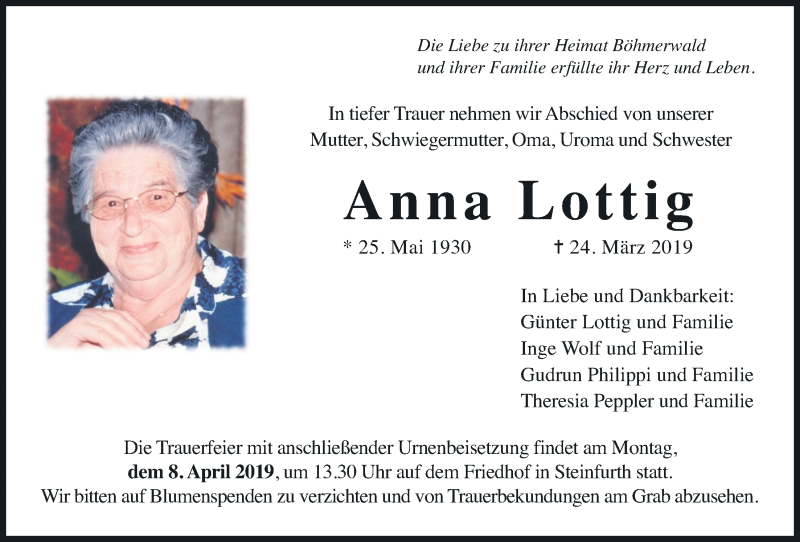  Traueranzeige für Anna Lottig vom 30.03.2019 aus Wetterauer Zeitung
