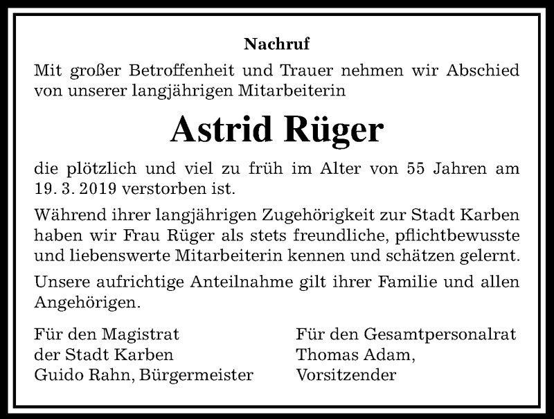  Traueranzeige für Astrid Rüger vom 23.03.2019 aus Wetterauer Zeitung