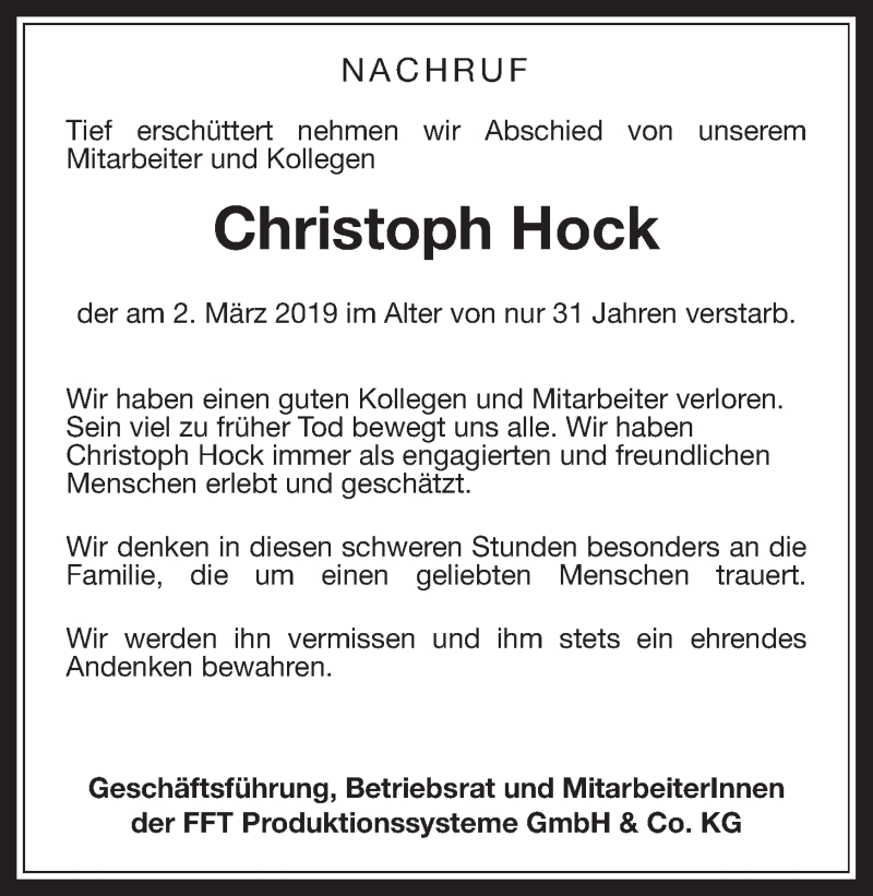  Traueranzeige für Christoph Hock vom 09.03.2019 aus Alsfelder Allgemeine