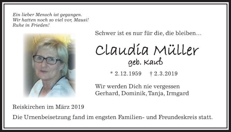 Traueranzeige für Claudia Müller vom 30.03.2019 aus Giessener Allgemeine, Alsfelder Allgemeine