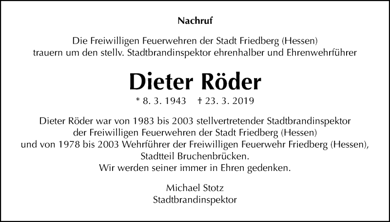  Traueranzeige für Dieter Röder vom 28.03.2019 aus Wetterauer Zeitung