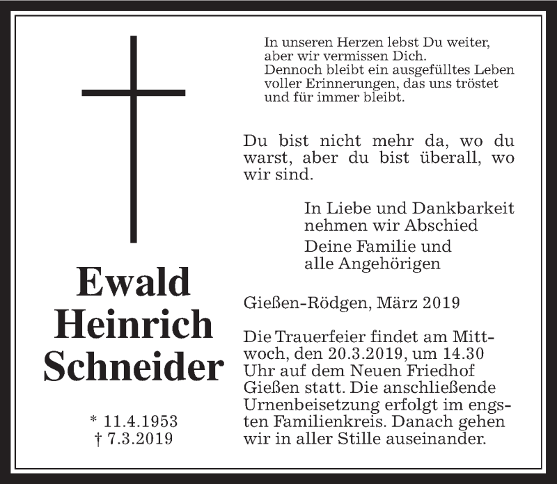  Traueranzeige für Ewald Heinrich Schneider vom 16.03.2019 aus Wetterauer Zeitung, Giessener Allgemeine, Alsfelder Allgemeine
