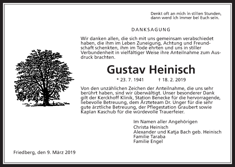  Traueranzeige für Gustav Heinisch vom 09.03.2019 aus Giessener Allgemeine, Alsfelder Allgemeine