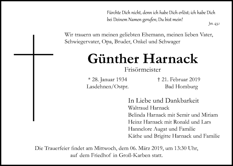  Traueranzeige für Günther Harnack vom 28.02.2019 aus Bad Vilbel/Karben