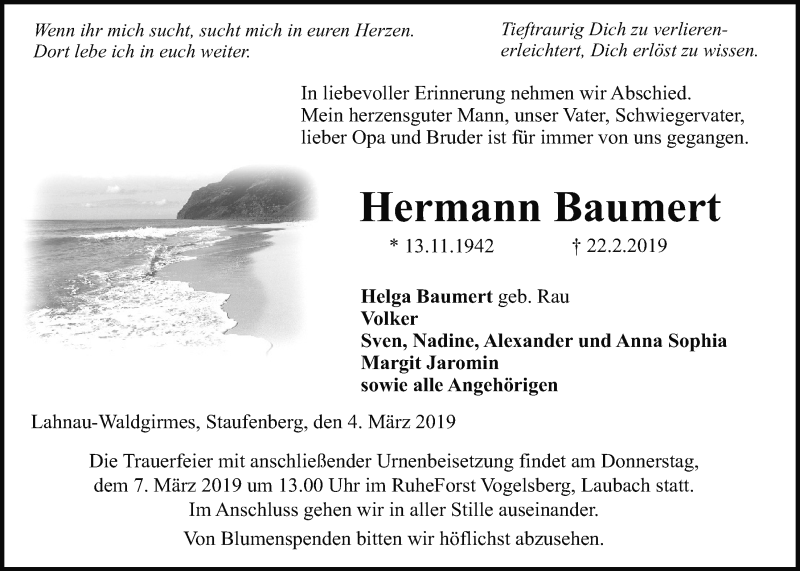  Traueranzeige für Hermann Baumert vom 04.03.2019 aus Giessener Allgemeine, Alsfelder Allgemeine