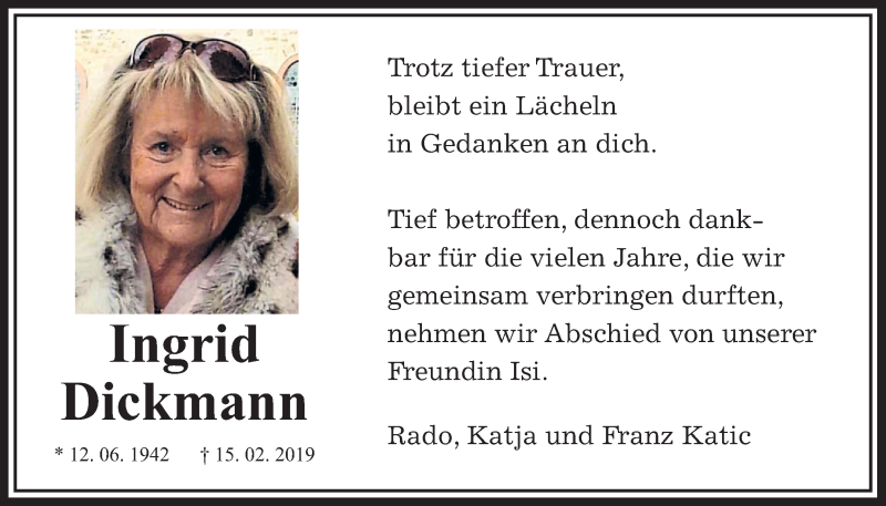  Traueranzeige für Ingrid Dickmann vom 09.03.2019 aus Wetterauer Zeitung