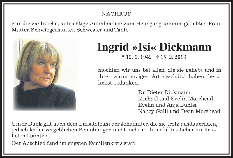  Traueranzeige für Ingrid Dickmann vom 02.03.2019 aus Wetterauer Zeitung, Wetterauer Zeitung