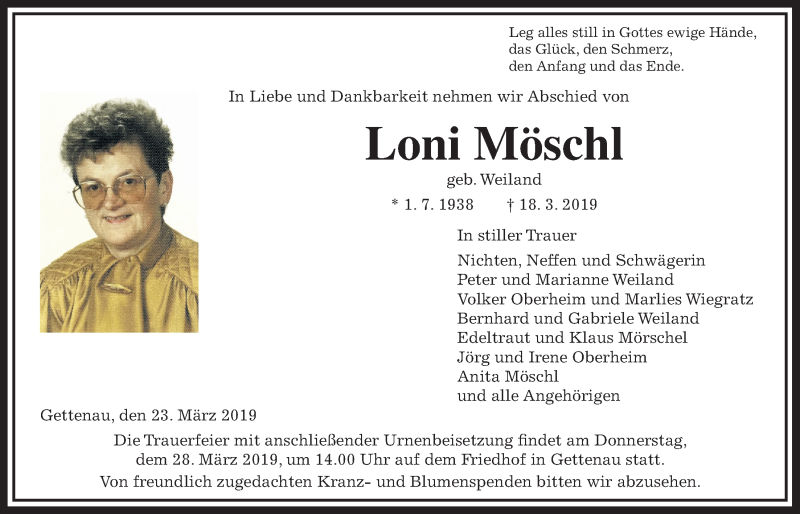  Traueranzeige für Loni Möschl vom 23.03.2019 aus Wetterauer Zeitung