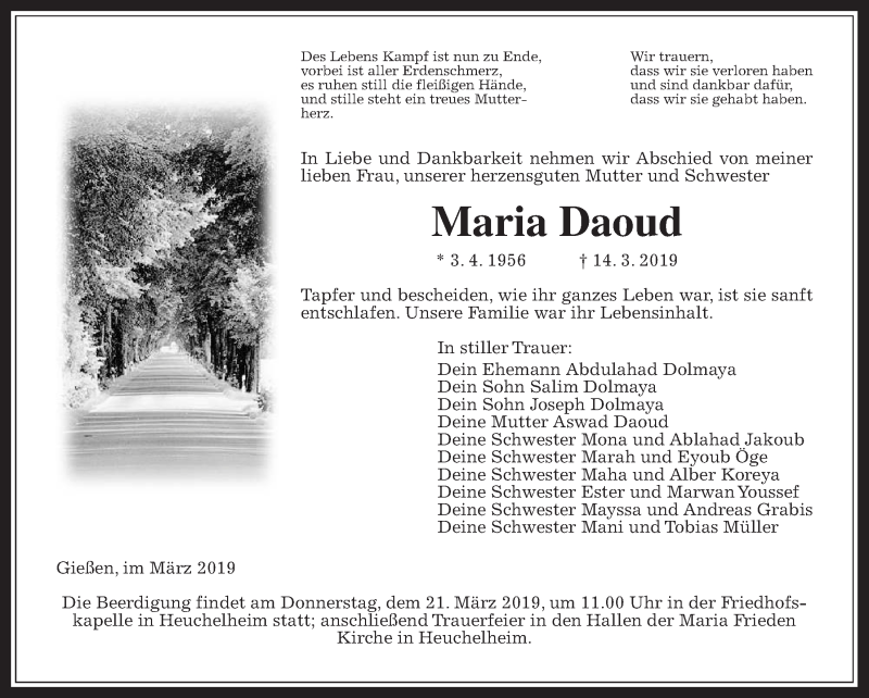  Traueranzeige für Maria Daoud vom 18.03.2019 aus Giessener Allgemeine, Alsfelder Allgemeine