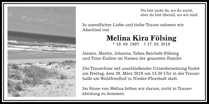  Traueranzeige für Melina Kira Fölsing vom 23.03.2019 aus Wetterauer Zeitung