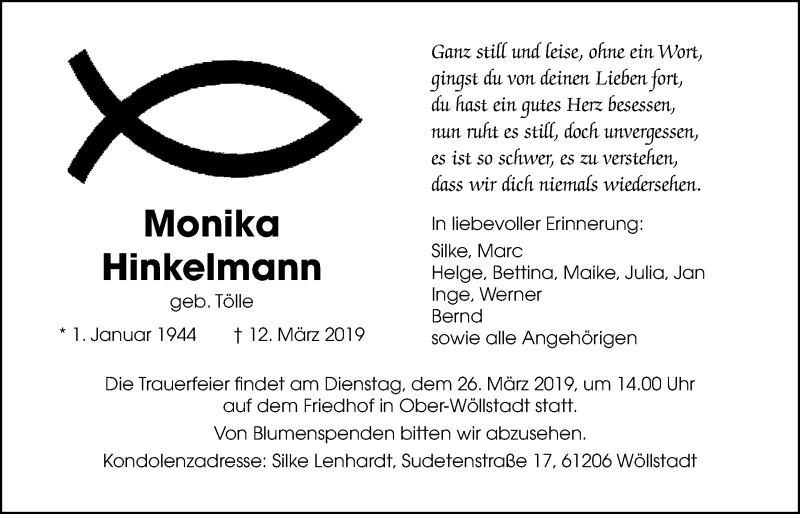  Traueranzeige für Monika Hinkelmann vom 23.03.2019 aus Wetterauer Zeitung