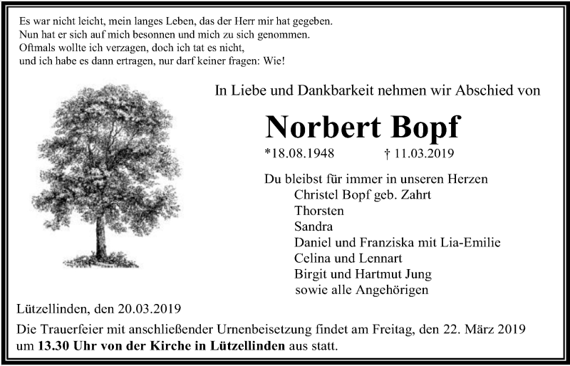  Traueranzeige für Norbert Bopf vom 20.03.2019 aus Giessener Allgemeine, Alsfelder Allgemeine