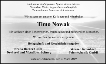 Traueranzeige von Tim Nowak von Giessener Allgemeine, Alsfelder Allgemeine