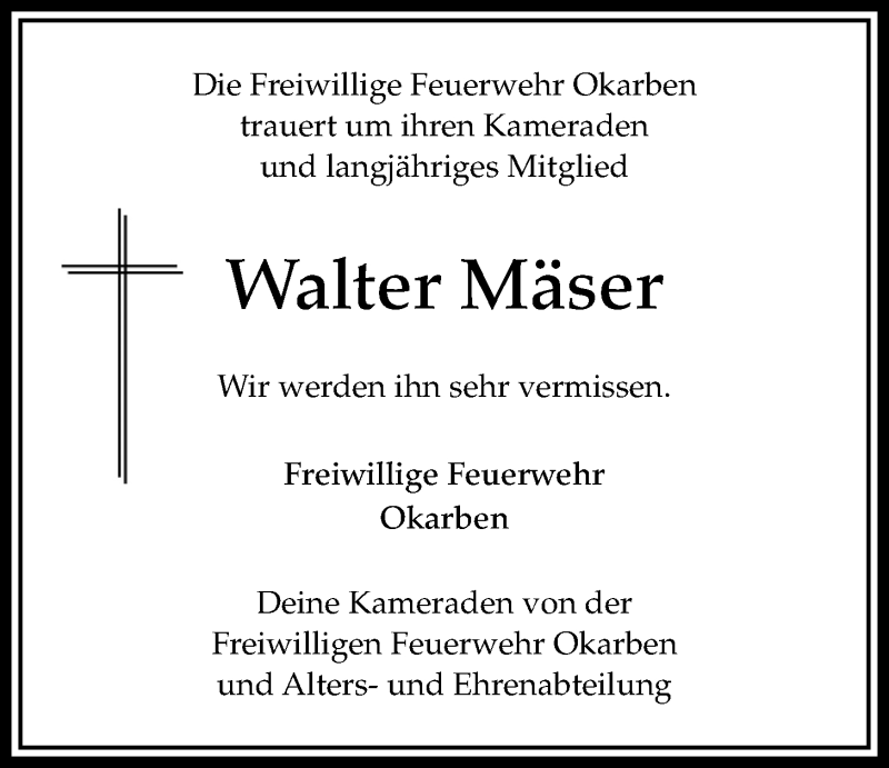  Traueranzeige für Walter Mäser vom 14.02.2019 aus Bad Vilbel/Karben