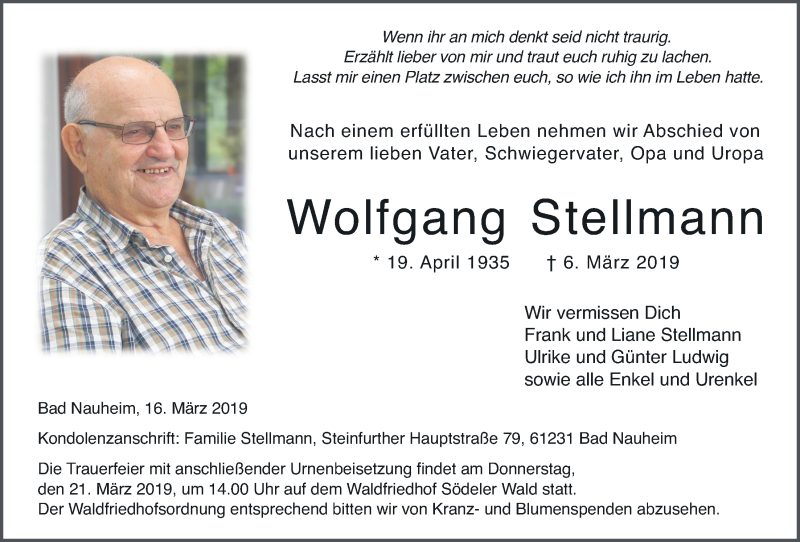  Traueranzeige für Wolfgang Stellmann vom 16.03.2019 aus Wetterauer Zeitung