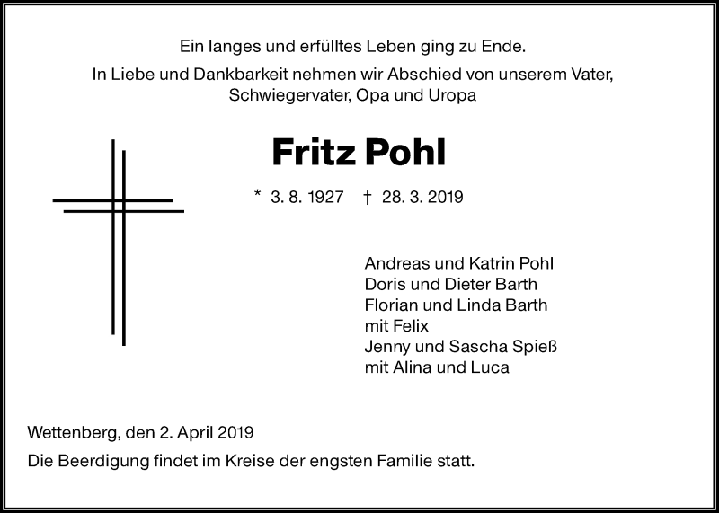  Traueranzeige für Fritz Pohl vom 02.04.2019 aus Giessener Allgemeine, Alsfelder Allgemeine