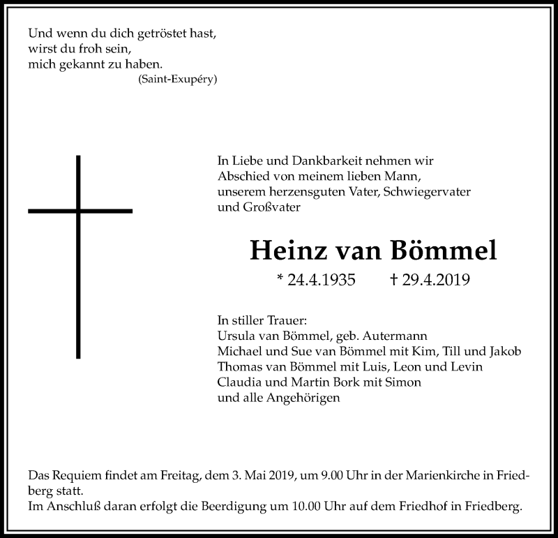  Traueranzeige für Heinz van Bömmel vom 30.04.2019 aus Wetterauer Zeitung