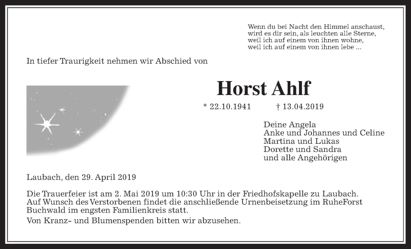  Traueranzeige für Horst Ahlf vom 29.04.2019 aus Giessener Allgemeine, Alsfelder Allgemeine