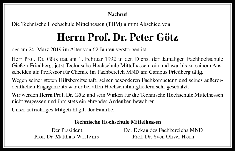  Traueranzeige für Peter Götz vom 13.04.2019 aus Giessener Allgemeine, Alsfelder Allgemeine