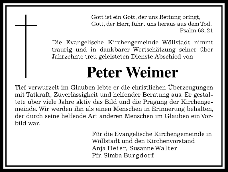  Traueranzeige für Peter Weimer vom 06.04.2019 aus Wetterauer Zeitung