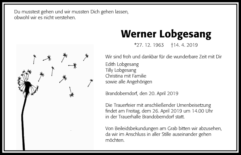  Traueranzeige für Werner Lobgesang vom 20.04.2019 aus Wetterauer Zeitung