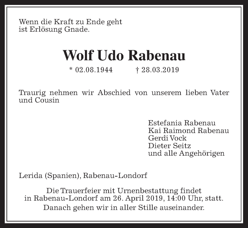  Traueranzeige für Wolf Udo Rabenau vom 18.04.2019 aus Rabenauer Zeitung